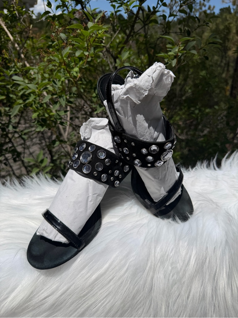 BCBGeneration Black Studded Crystal Strap Sandals